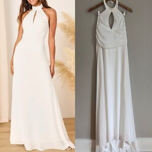 Elegant Glamour White Pleated Halter Cutout Maxi Dress